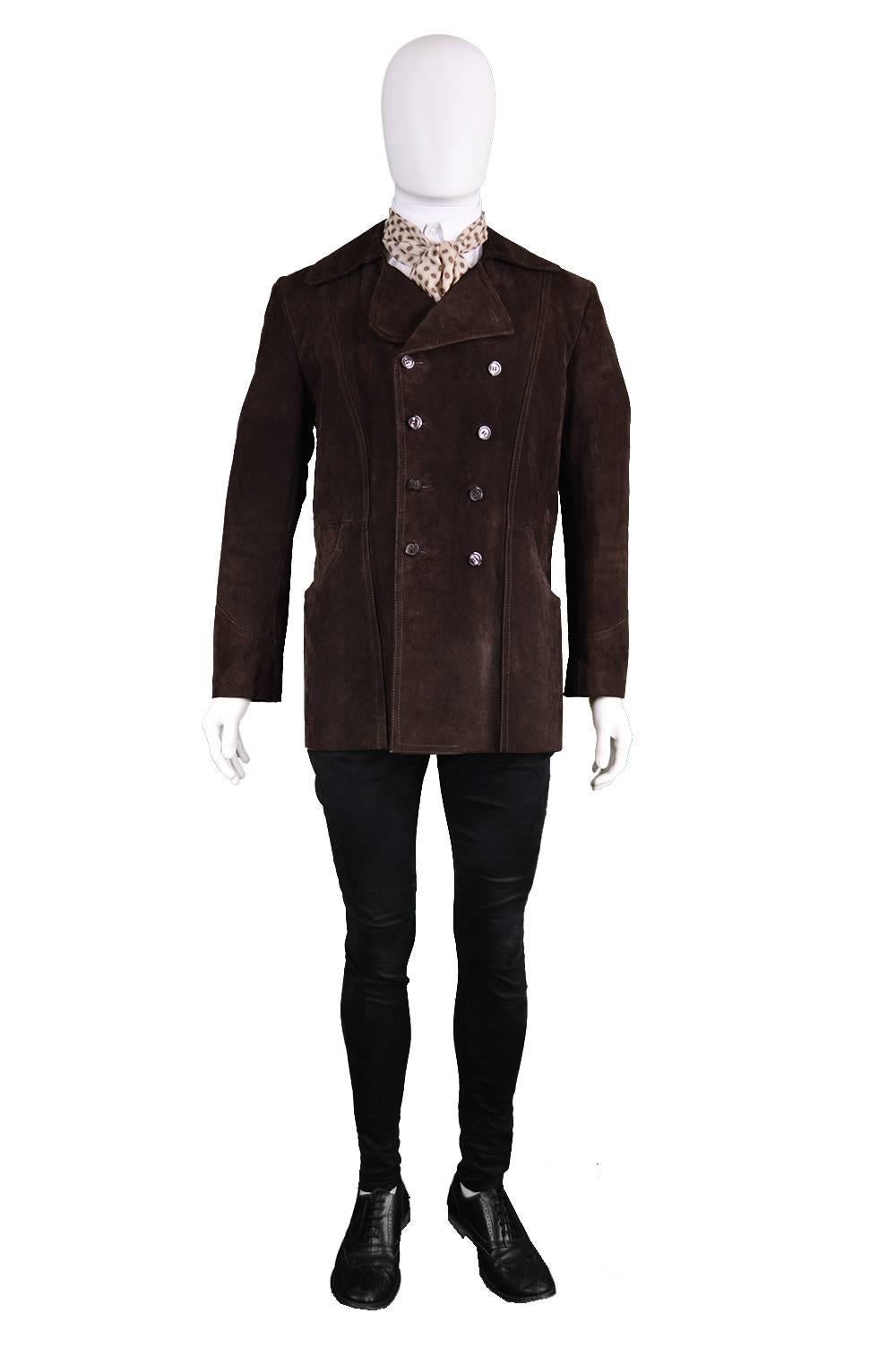 An absolutely rare and incredible vintage men's suede coat from the 1960s by legendary Carnaby Street label, Lord John. In a dark brown suede with double breasted fastenings, rounded lapels and a tailored waist - such a perfect, original dandy