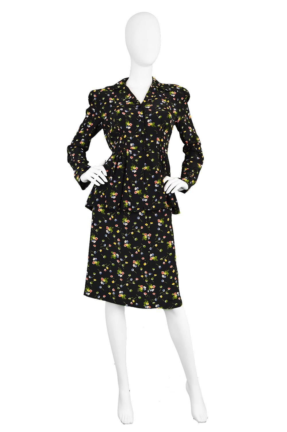 Black 1970s Jeff Banks Floral Rayon Peplum Skirt Suit