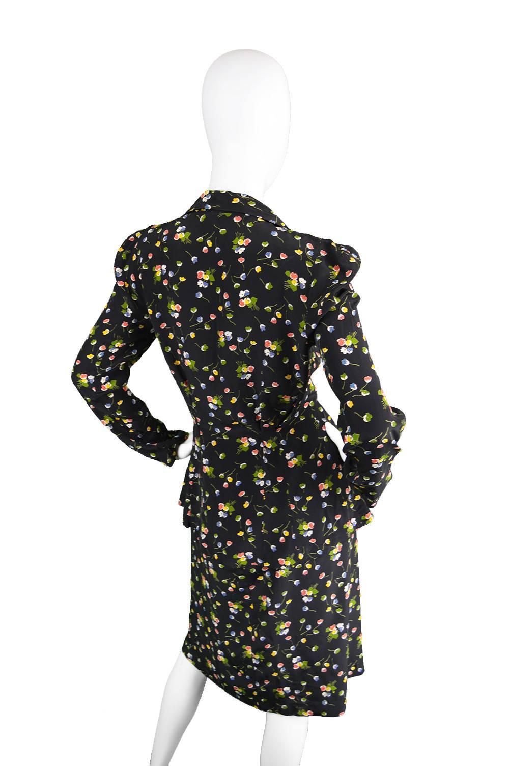 1970s Jeff Banks Floral Rayon Peplum Skirt Suit In Excellent Condition In Doncaster, South Yorkshire