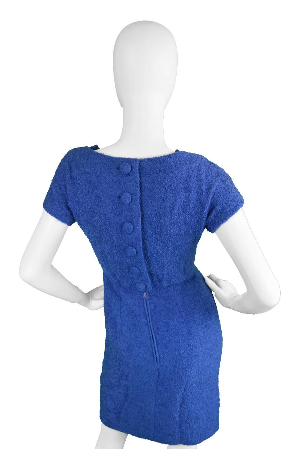 Vintage 1960's Jacques Heim Blue Boucle Wool Wiggle Dress In Good Condition In Doncaster, South Yorkshire