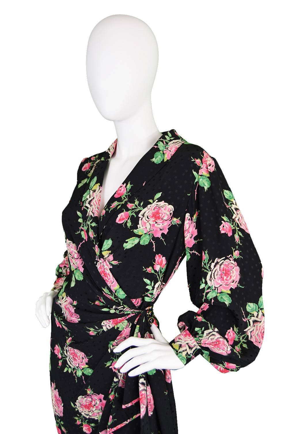 Black Vintage 1980's Emanuel Ungaro Parallele Silk Rose Print Dress