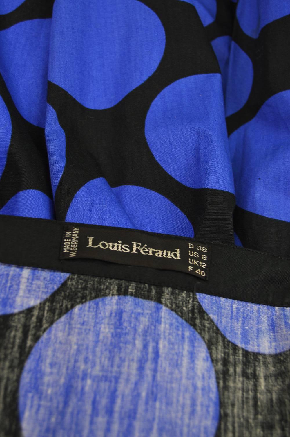 1980s Vintage Louis Feraud Black & Blue Puff Sleeve Dress with Polka Dot Print 1