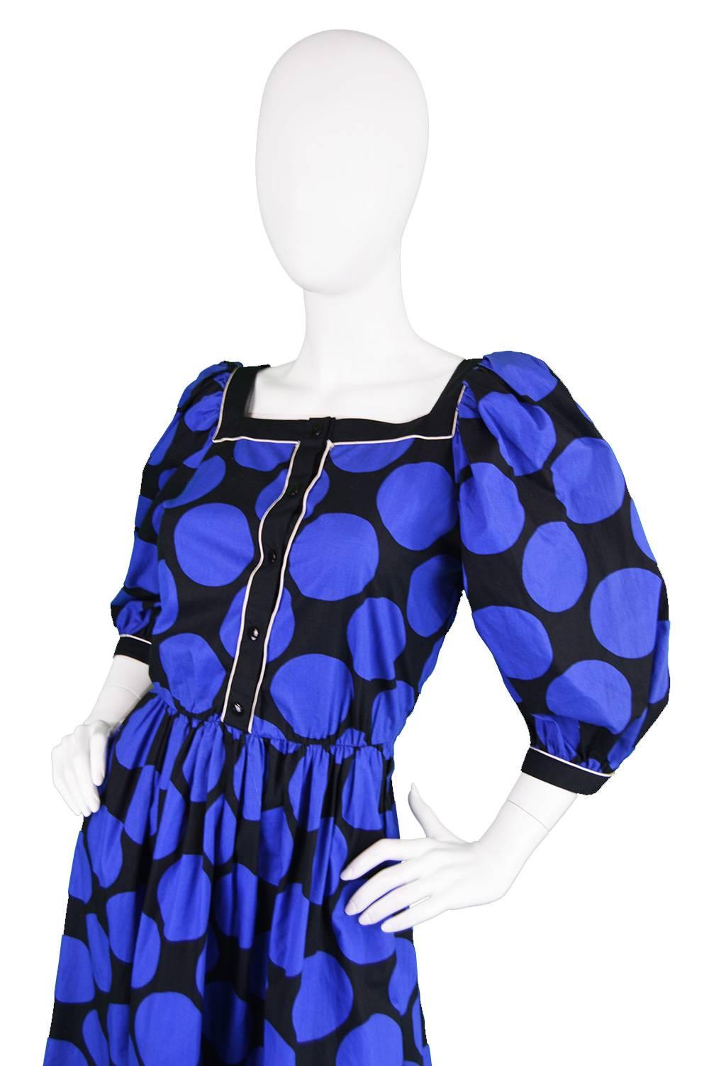 Purple 1980s Vintage Louis Feraud Black & Blue Puff Sleeve Dress with Polka Dot Print