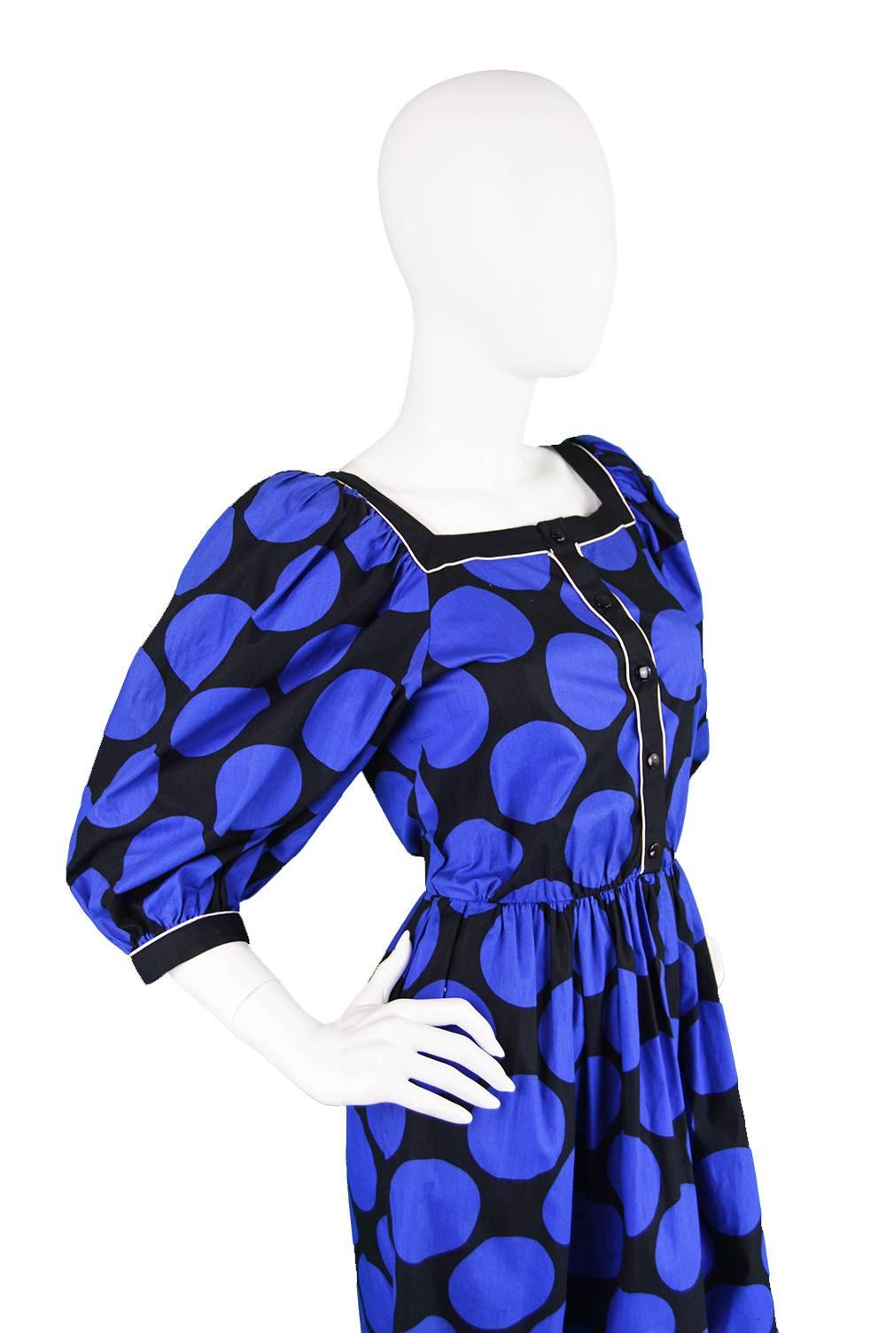 1980s Vintage Louis Feraud Black & Blue Puff Sleeve Dress with Polka Dot Print In Excellent Condition In Doncaster, South Yorkshire