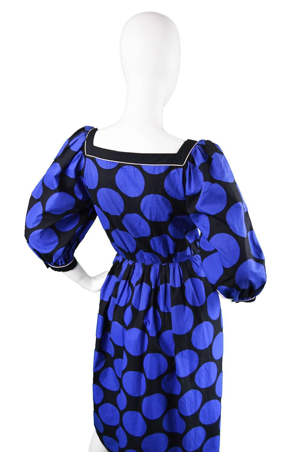 Women's 1980s Vintage Louis Feraud Black & Blue Puff Sleeve Dress with Polka Dot Print