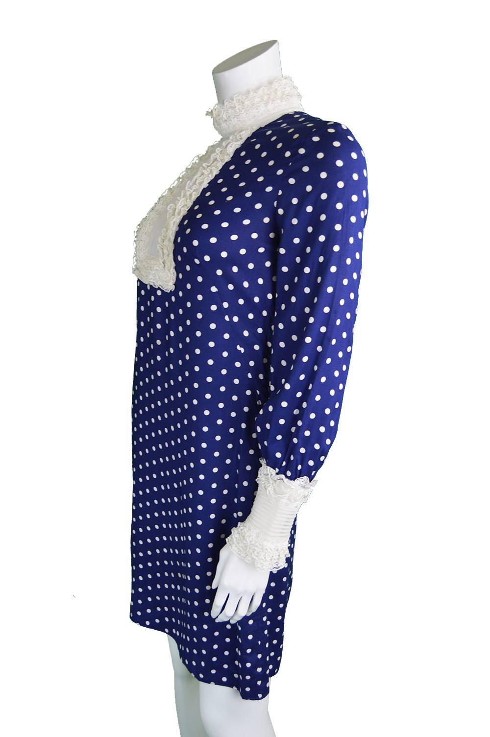 Vintage 1960s Jean Varon Blue & White Polka Dot Mod Shift Dress 1