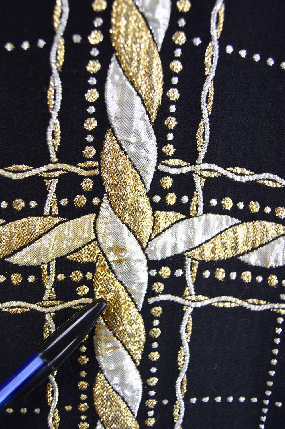 Vintage 1970s Jean Varon Black & Gold Brocade Plunging Evening Gown For Sale 2