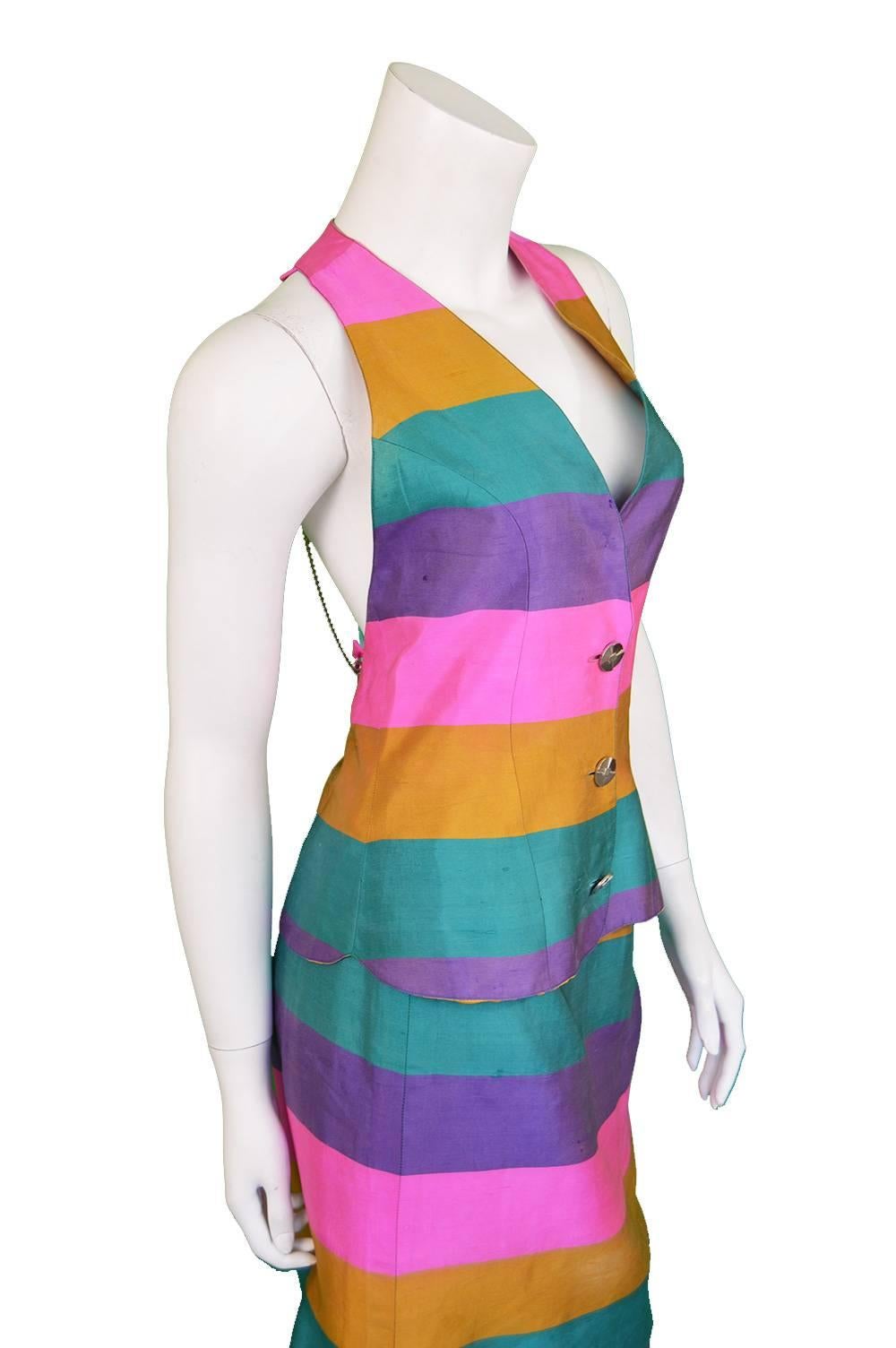 Women's Paco Rabanne Vintage Backless Chain Rainbow Silk Two Piece Skirt Suit, 1990s  For Sale