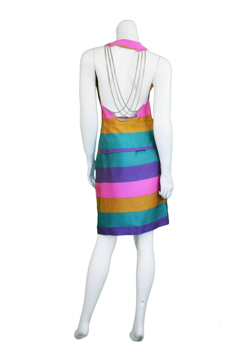 Gray Paco Rabanne Vintage Backless Chain Rainbow Silk Two Piece Skirt Suit, 1990s  For Sale