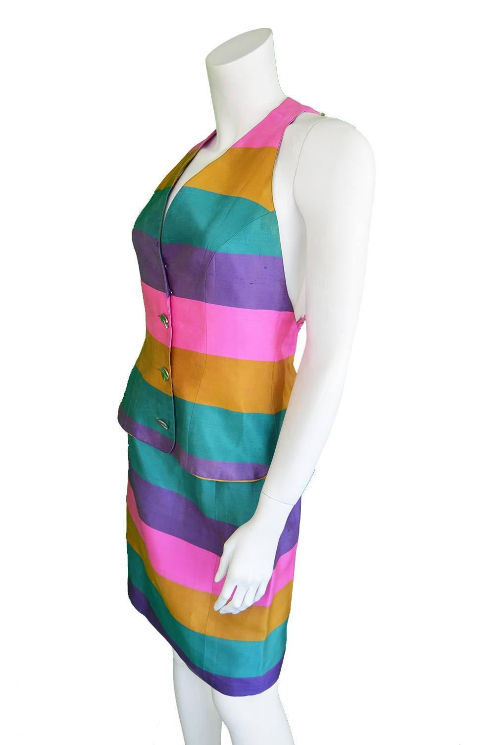 Paco Rabanne Vintage Backless Chain Rainbow Silk Two Piece Skirt Suit, 1990s  For Sale 1