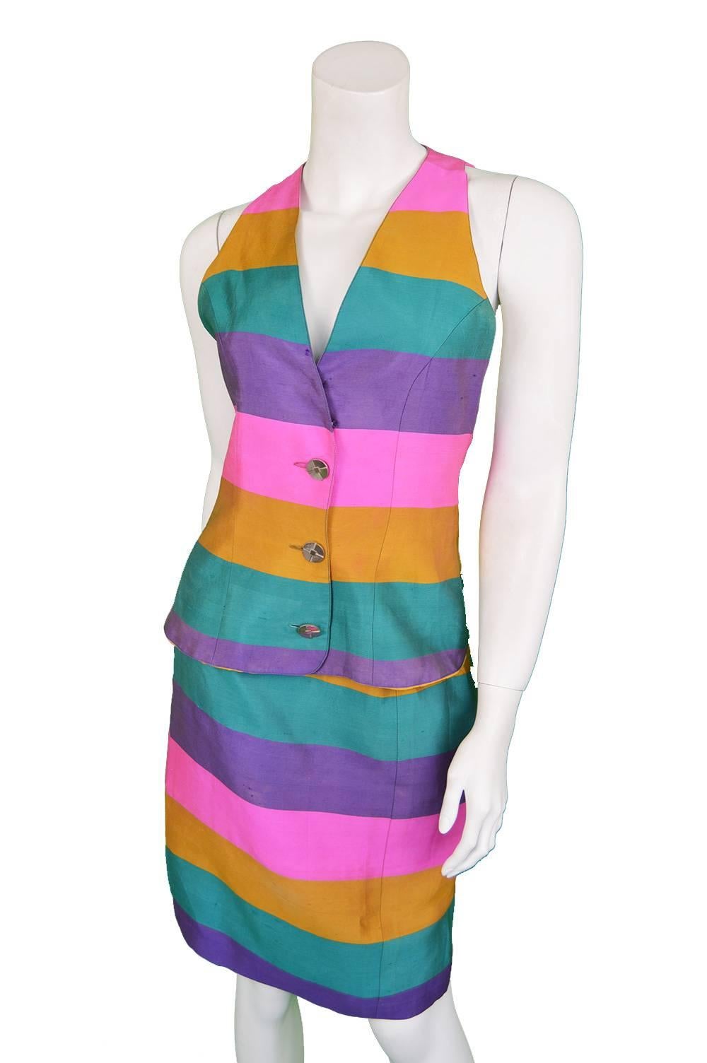 Paco Rabanne Vintage Backless Chain Rainbow Silk Two Piece Skirt Suit, 1990s  For Sale 2