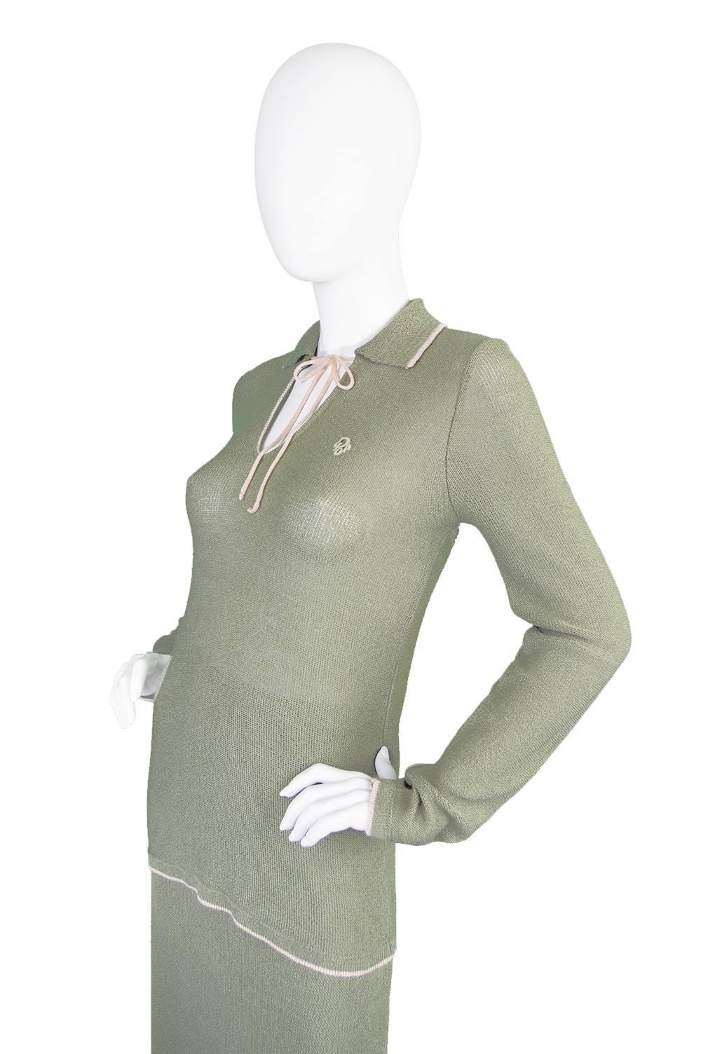 Brown Vintage 1970s Christian Dior Green Knit Skirt Suit with Embroidered Logo For Sale