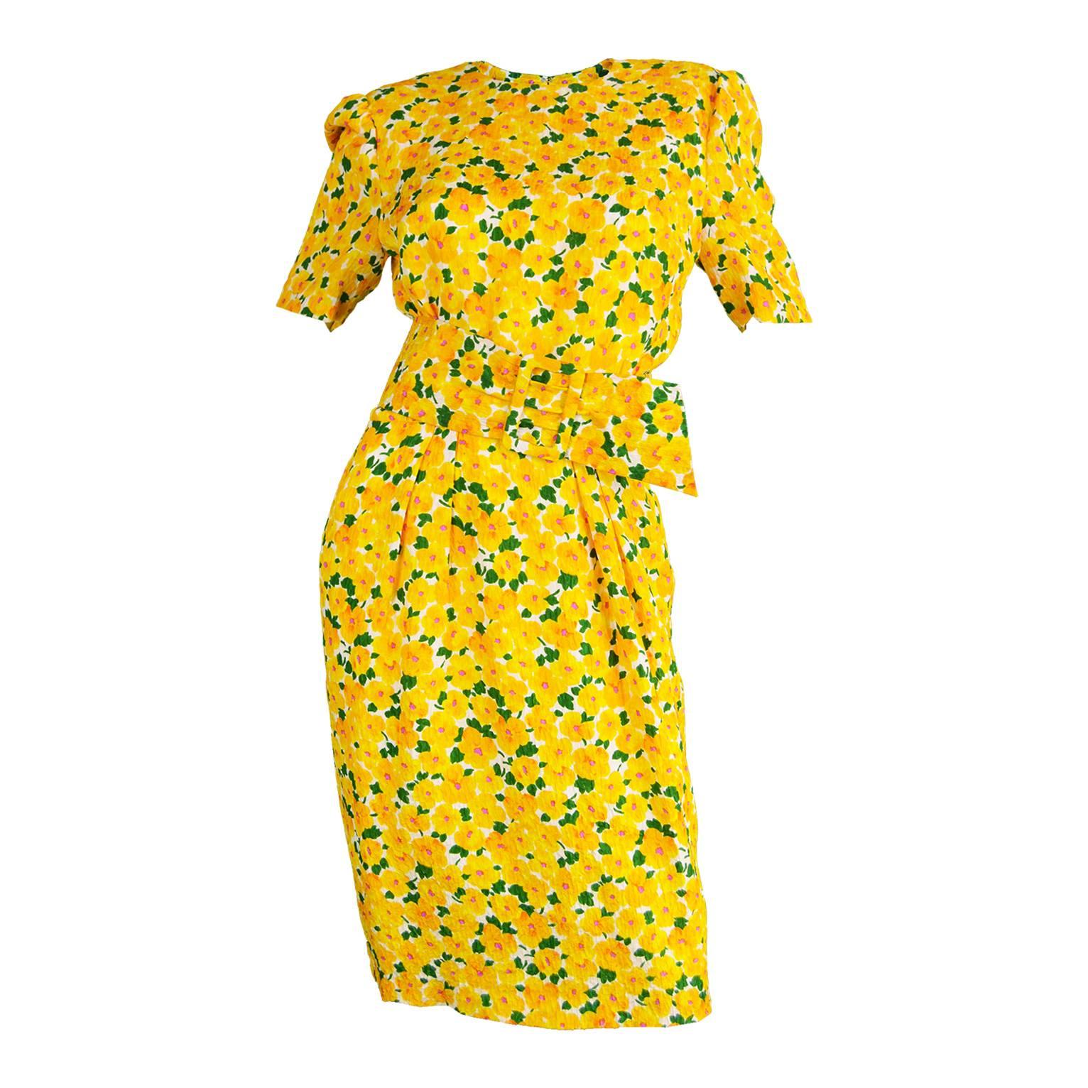 Vintage 1980s Hardy Amies Demi Couture Yellow Floral Silk Summer Dress For Sale