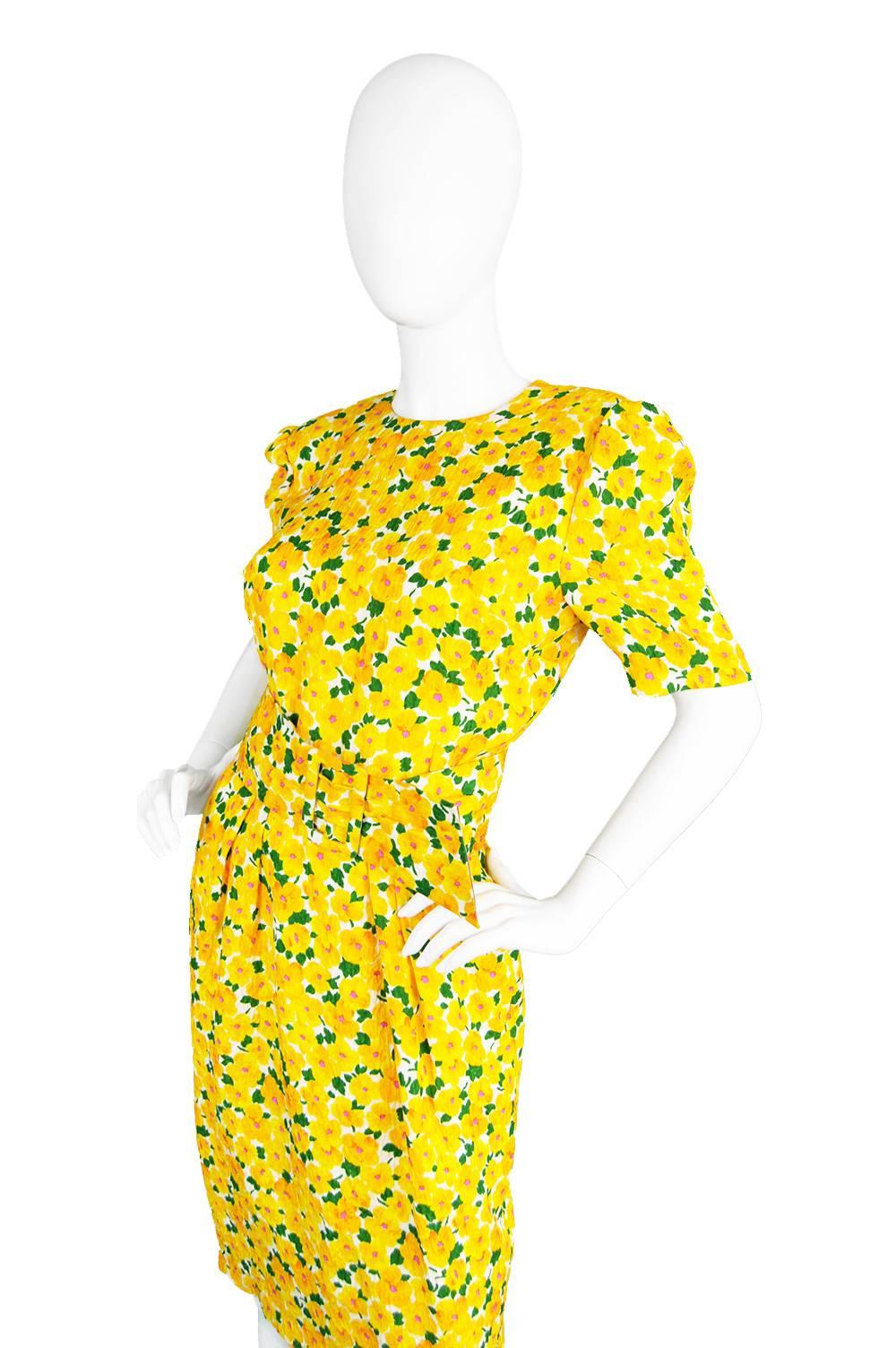 Vintage 1980s Hardy Amies Demi Couture Yellow Floral Silk Summer Dress In Excellent Condition For Sale In Doncaster, South Yorkshire