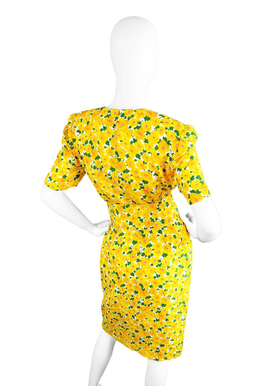 Vintage 1980s Hardy Amies Demi Couture Yellow Floral Silk Summer Dress For Sale 2