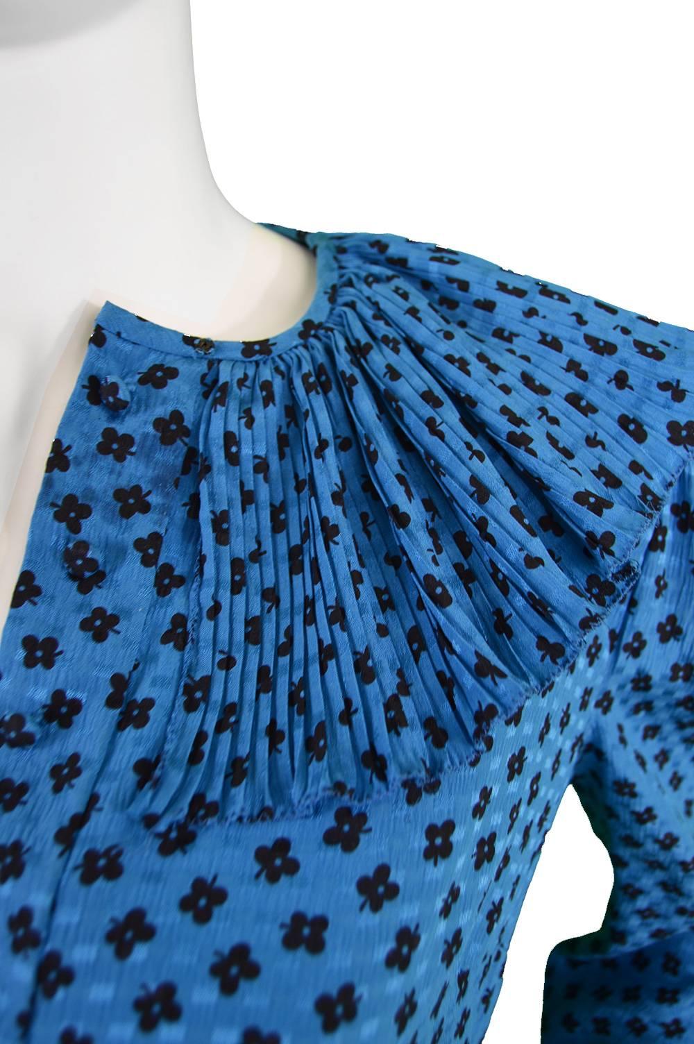 Women's 1980s Hardy Amies Couture Blue Floral Silk Dress with Accordion Pleated Collar For Sale