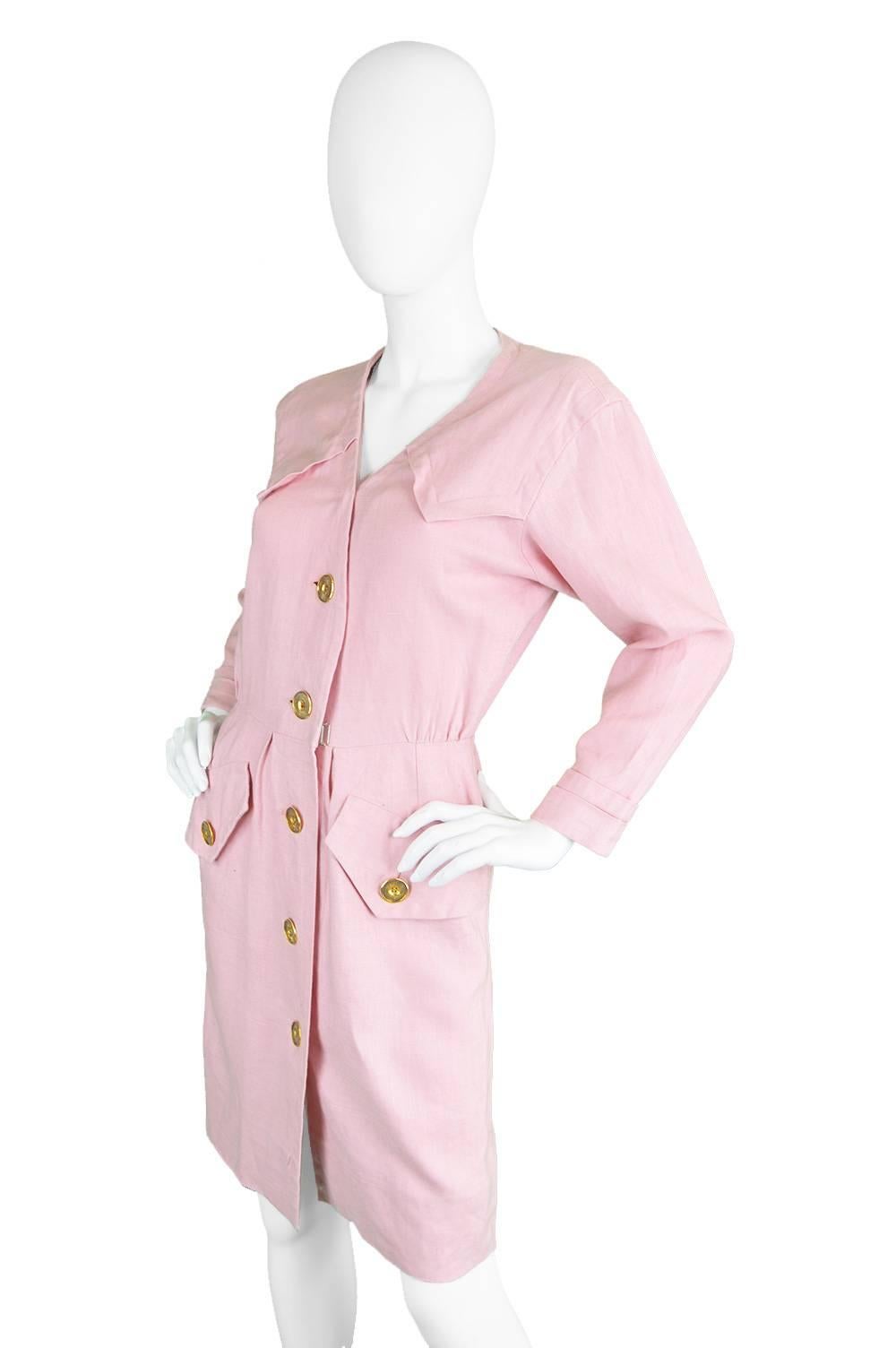 1980s Vintage Yves Saint Laurent Baby Pink Linen Dress Rive Gauche In Excellent Condition In Doncaster, South Yorkshire