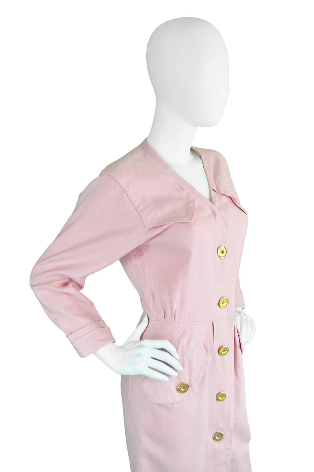 Women's 1980s Vintage Yves Saint Laurent Baby Pink Linen Dress Rive Gauche