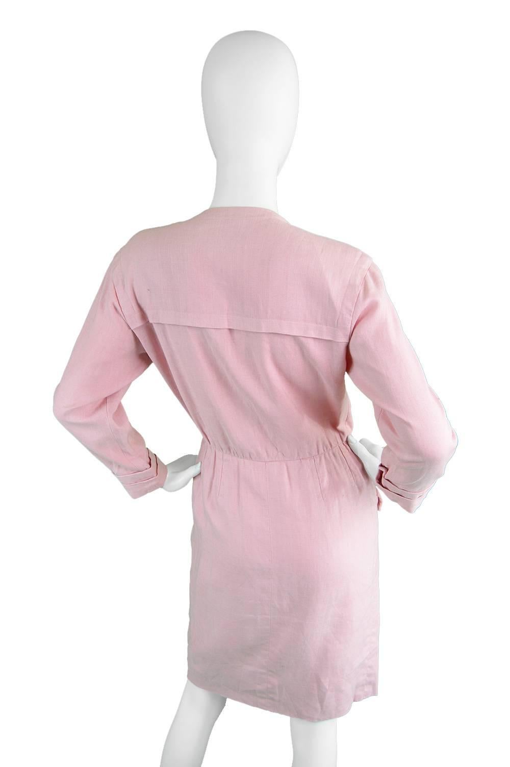 1980s Vintage Yves Saint Laurent Baby Pink Linen Dress Rive Gauche 1