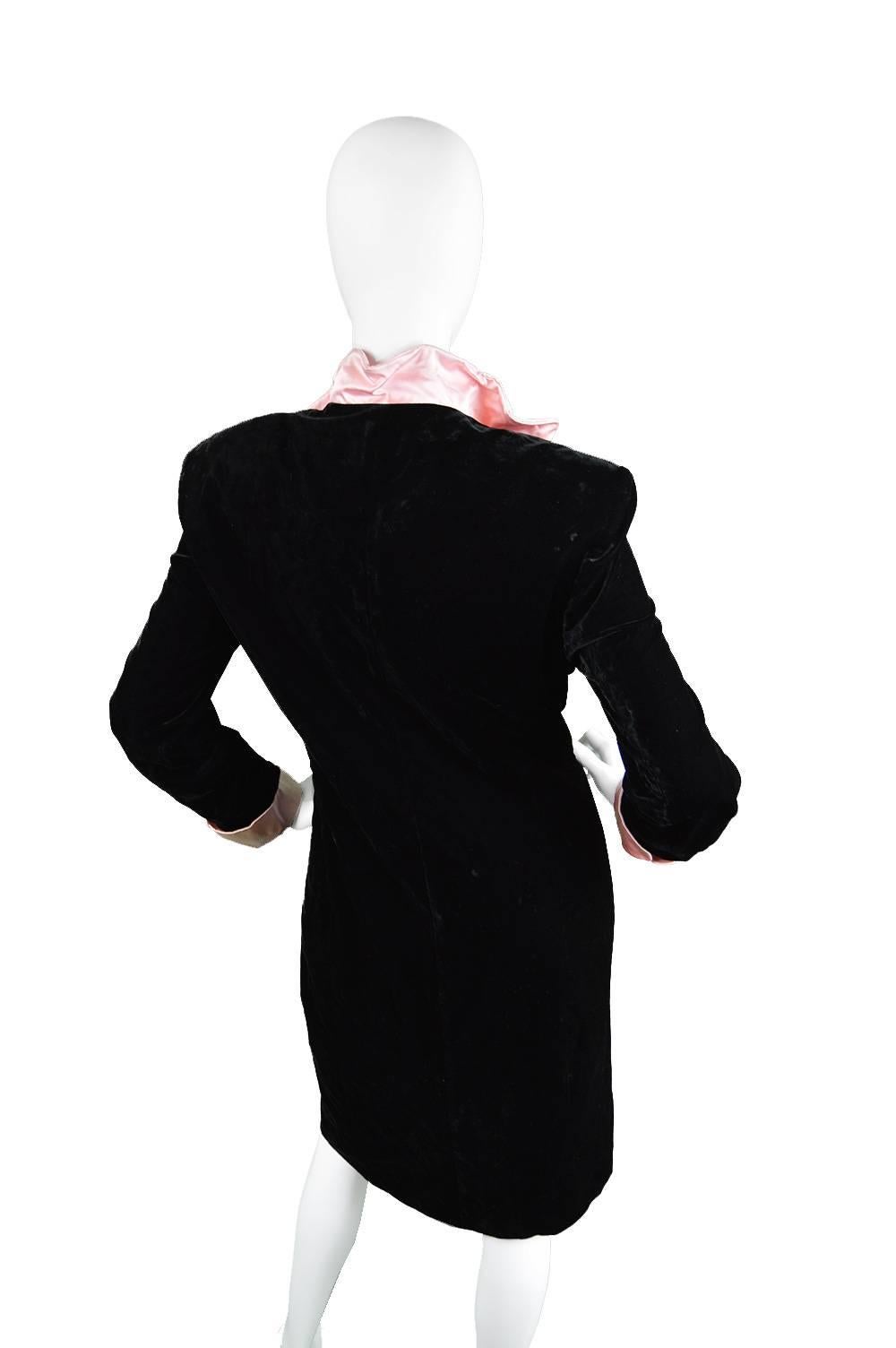 Women's 1980s Escada Black Velvet Coat Dress with Pink Silk Satin Architectural Collar