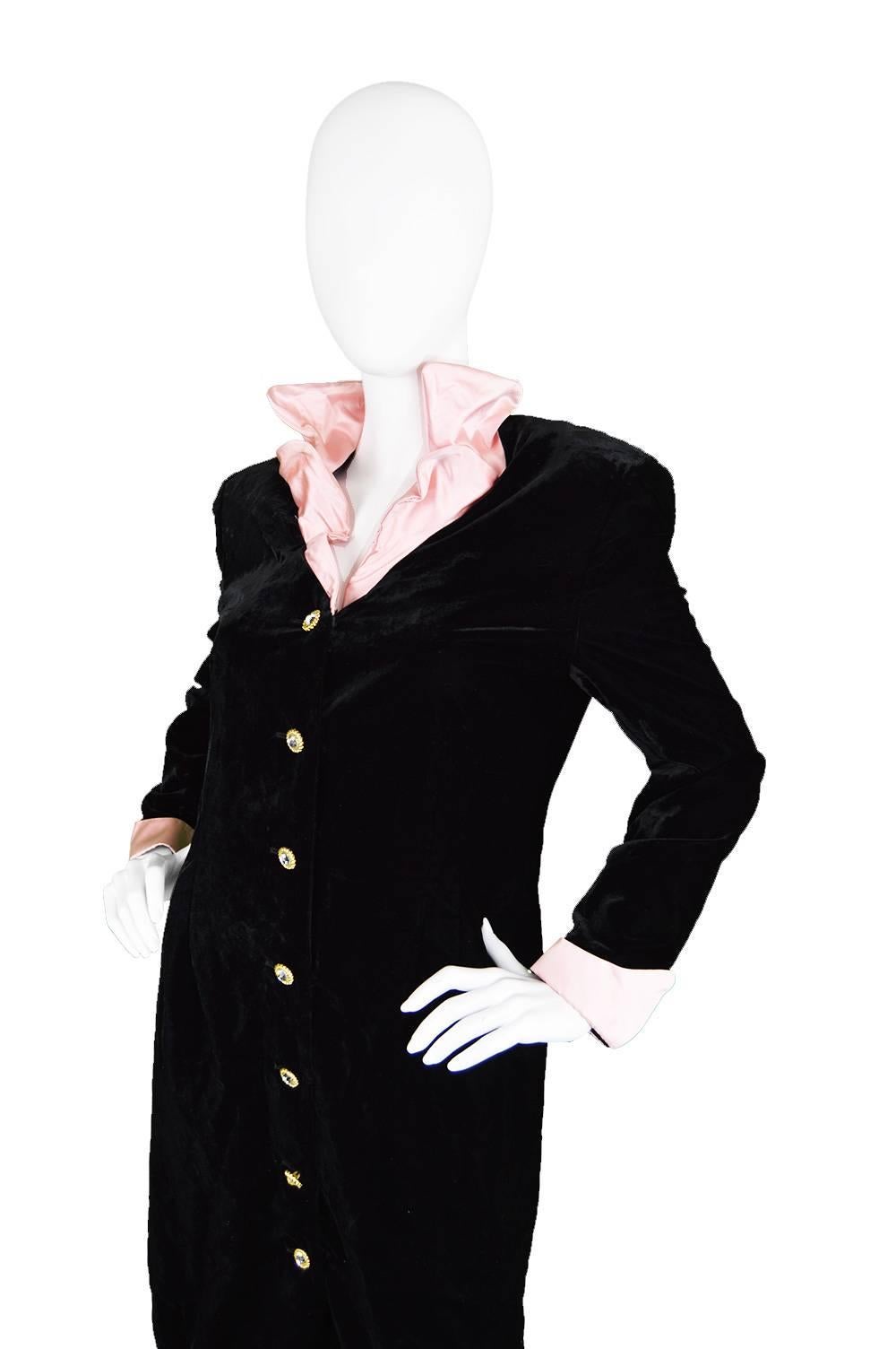 1980s Escada Black Velvet Coat Dress with Pink Silk Satin Architectural Collar In Excellent Condition For Sale In Doncaster, South Yorkshire