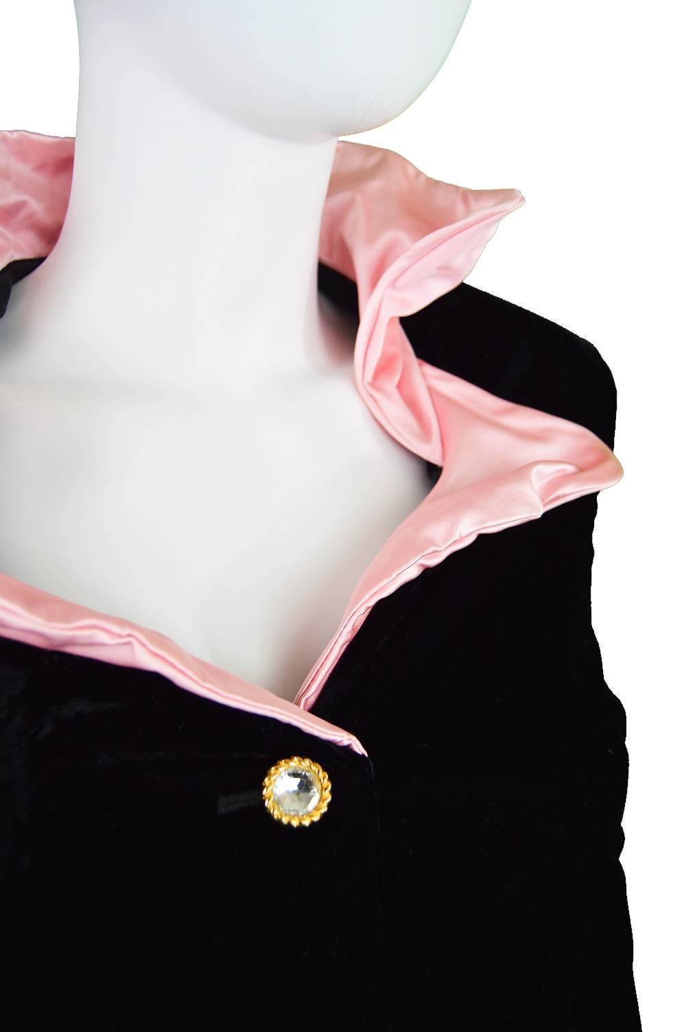 1980s Escada Black Velvet Coat Dress with Pink Silk Satin Architectural Collar 1