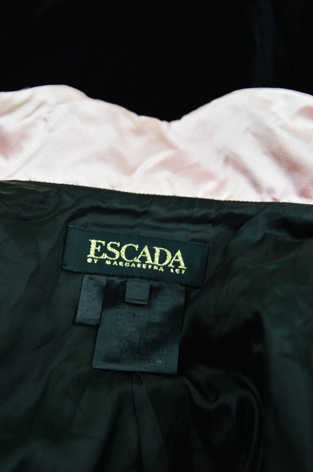 1980s Escada Black Velvet Coat Dress with Pink Silk Satin Architectural Collar For Sale 2