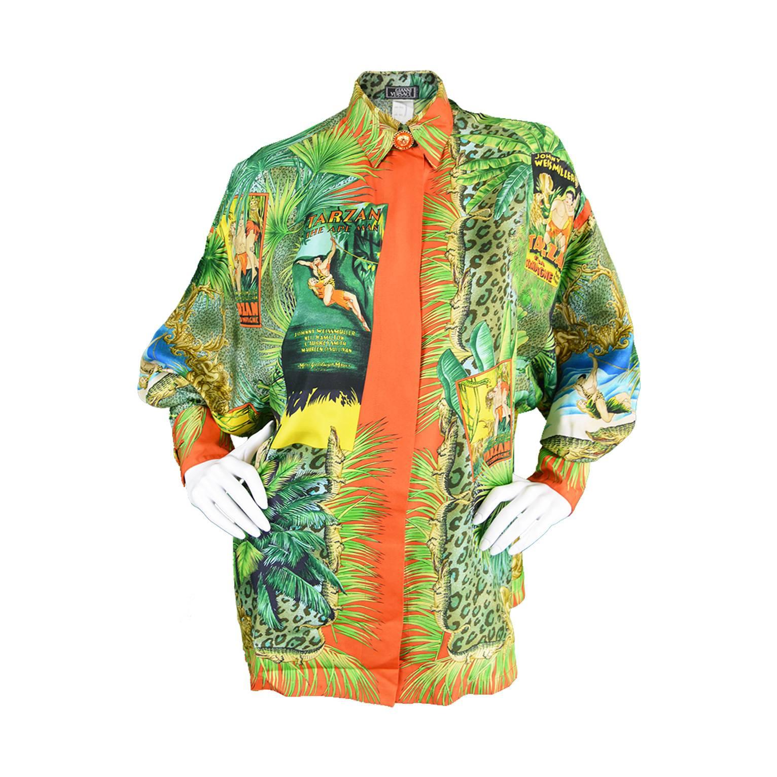 1993 Gianni Versace Couture Iconic Tarzan Print Silk Shirt For Sale