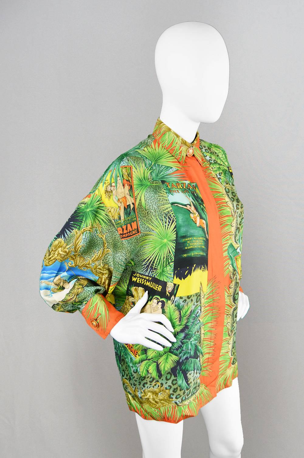 Beige 1993 Gianni Versace Couture Iconic Tarzan Print Silk Shirt For Sale