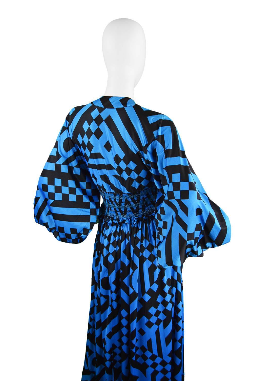 1970s Jean Varon Vintage Blue & Black Balloon Sleeve Dress For Sale 4