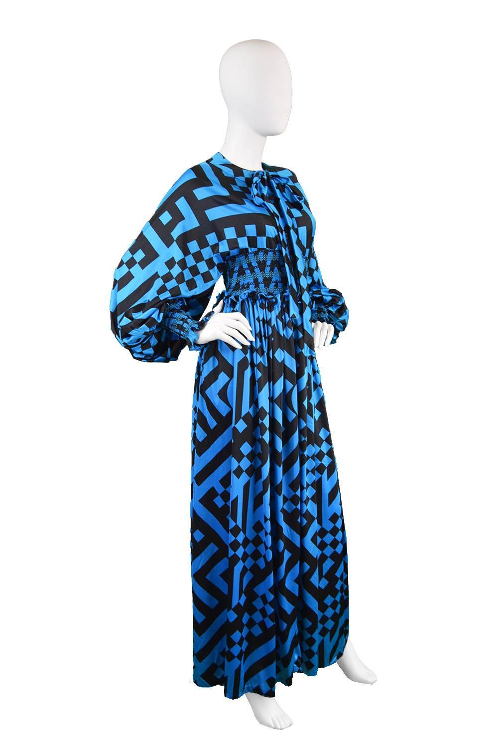 1970s Jean Varon Vintage Blue & Black Balloon Sleeve Dress 3