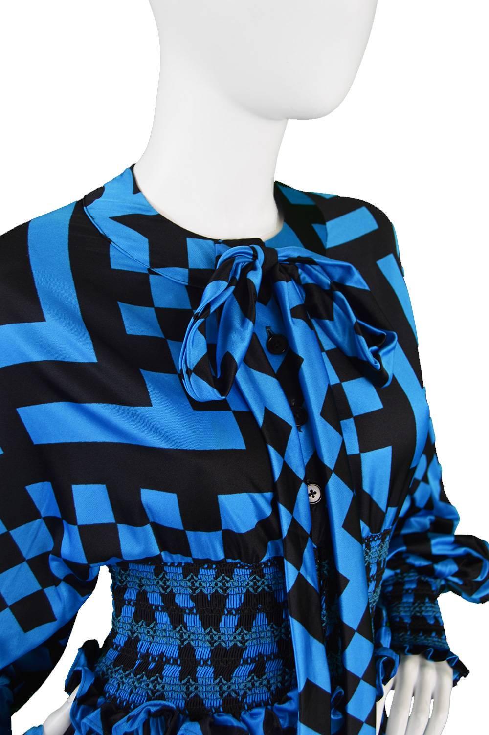 1970s Jean Varon Vintage Blue & Black Balloon Sleeve Dress For Sale 1