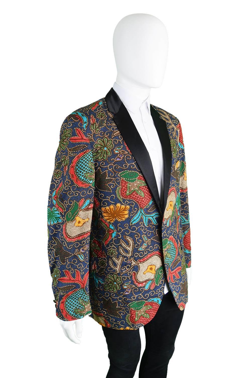 Black 1960s Neiman Marcus Mens Vintage Wax Print Blazer Jacket