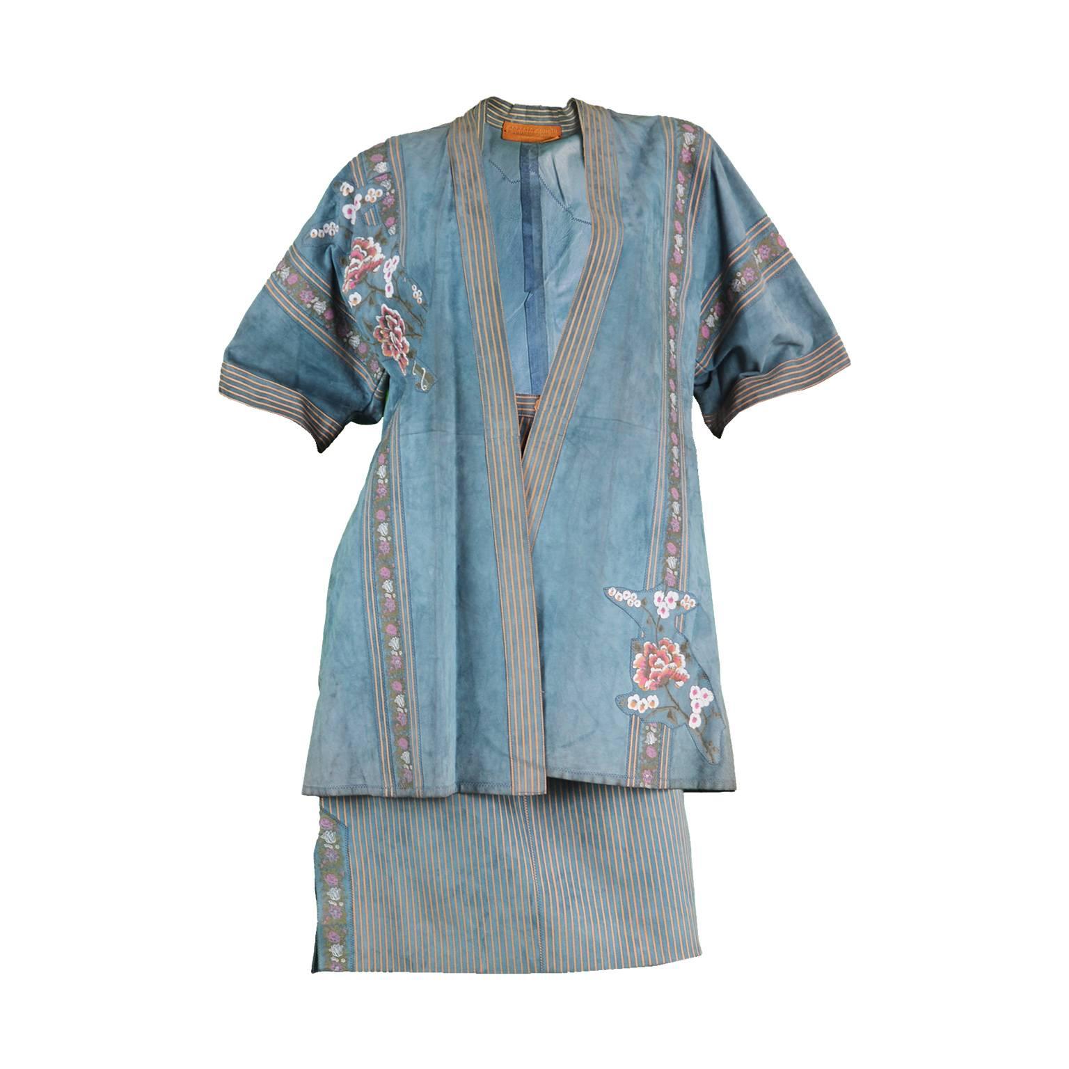 Roberto Cavalli 1970s Printed Blue Suede Oriental Jacket & Skirt Suit For Sale 4