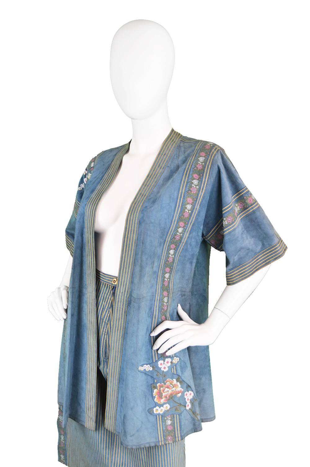 Gray Roberto Cavalli 1970s Printed Blue Suede Oriental Jacket & Skirt Suit For Sale