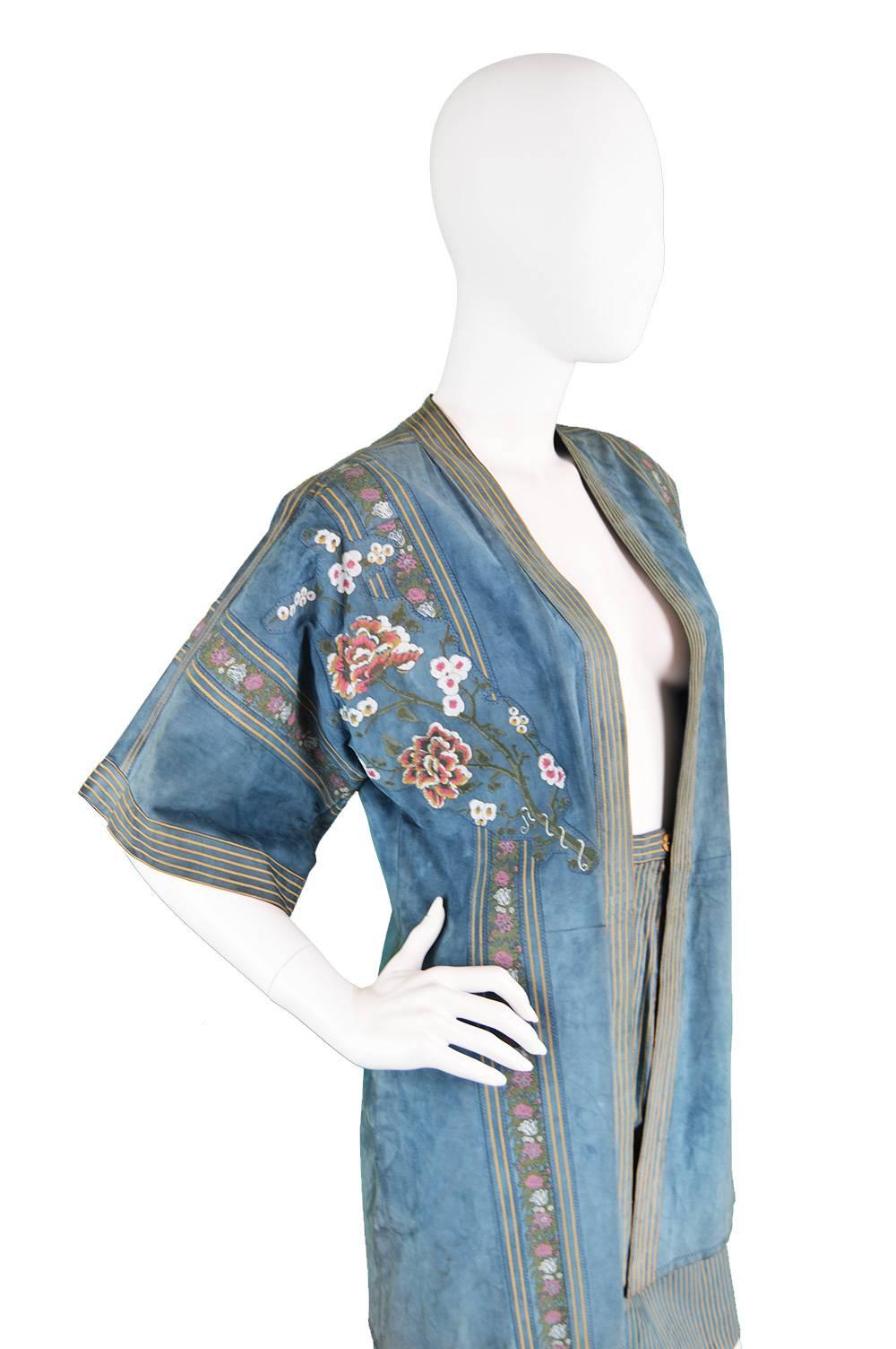 Roberto Cavalli 1970s Printed Blue Suede Oriental Jacket & Skirt Suit In Excellent Condition For Sale In Doncaster, South Yorkshire