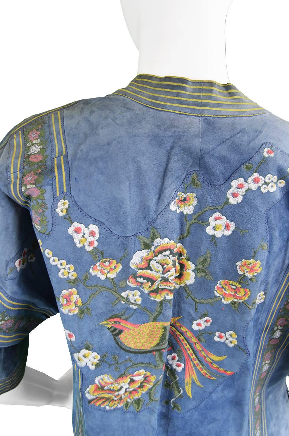 Women's Roberto Cavalli 1970s Printed Blue Suede Oriental Jacket & Skirt Suit For Sale