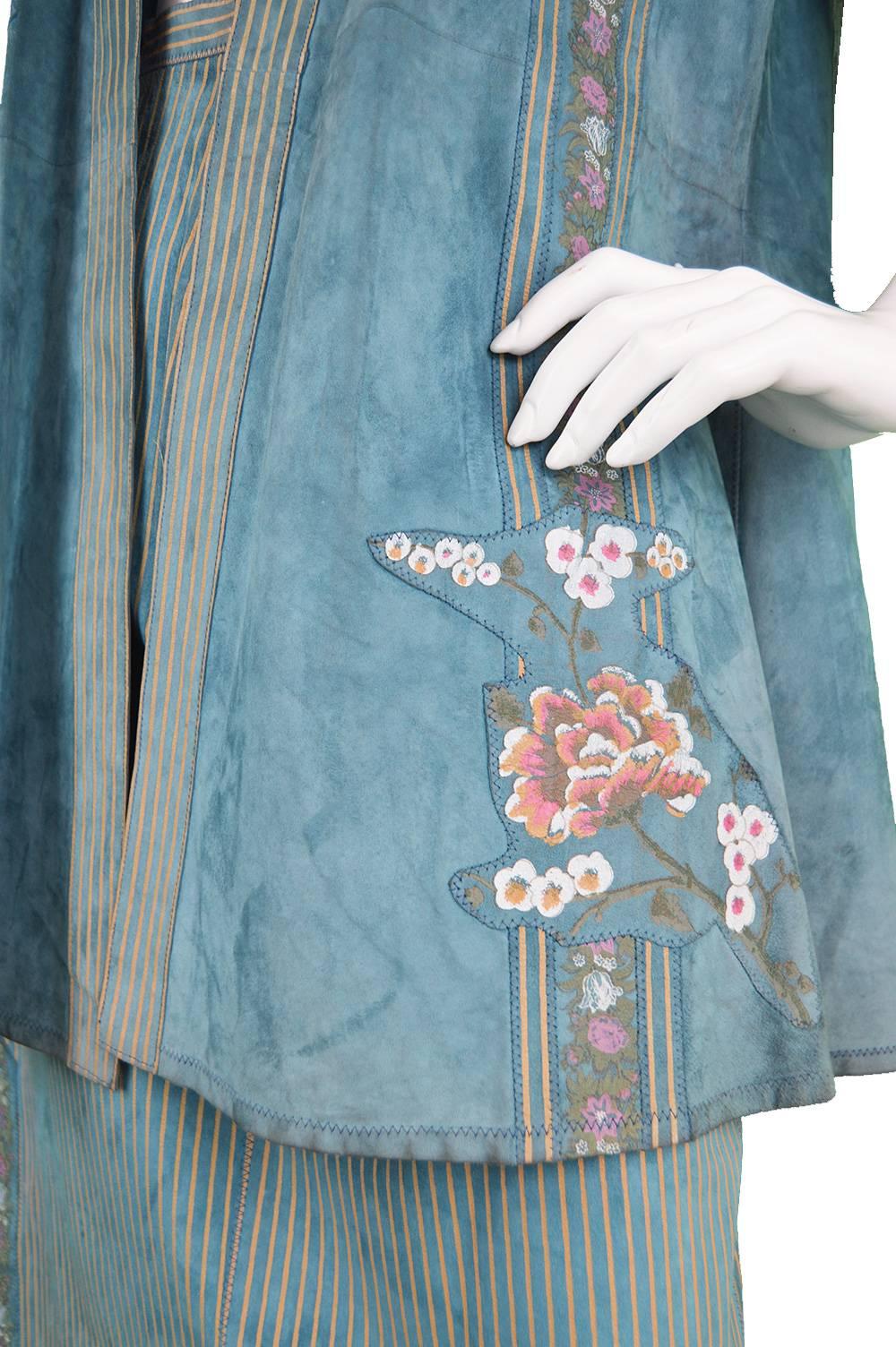 Roberto Cavalli 1970s Printed Blue Suede Oriental Jacket & Skirt Suit For Sale 1