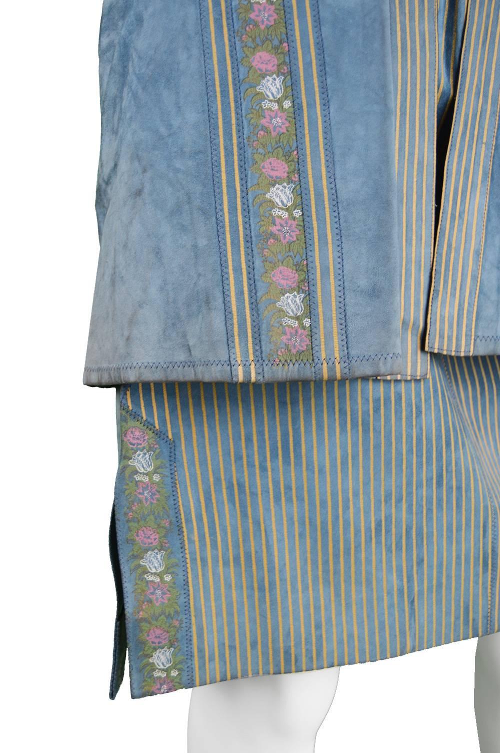 Roberto Cavalli 1970s Printed Blue Suede Oriental Jacket & Skirt Suit For Sale 2