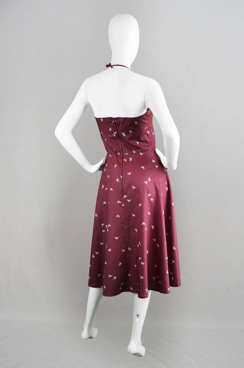 Biba 1970s Vintage Novelty Bird Print Flared Halter Neck Dress For Sale
