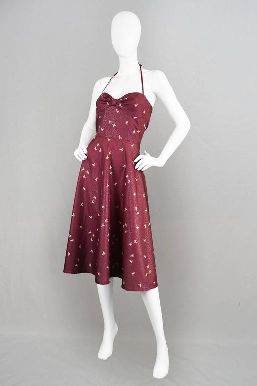Biba 1970s Vintage Novelty Bird Print Flared Halter Neck Dress For Sale