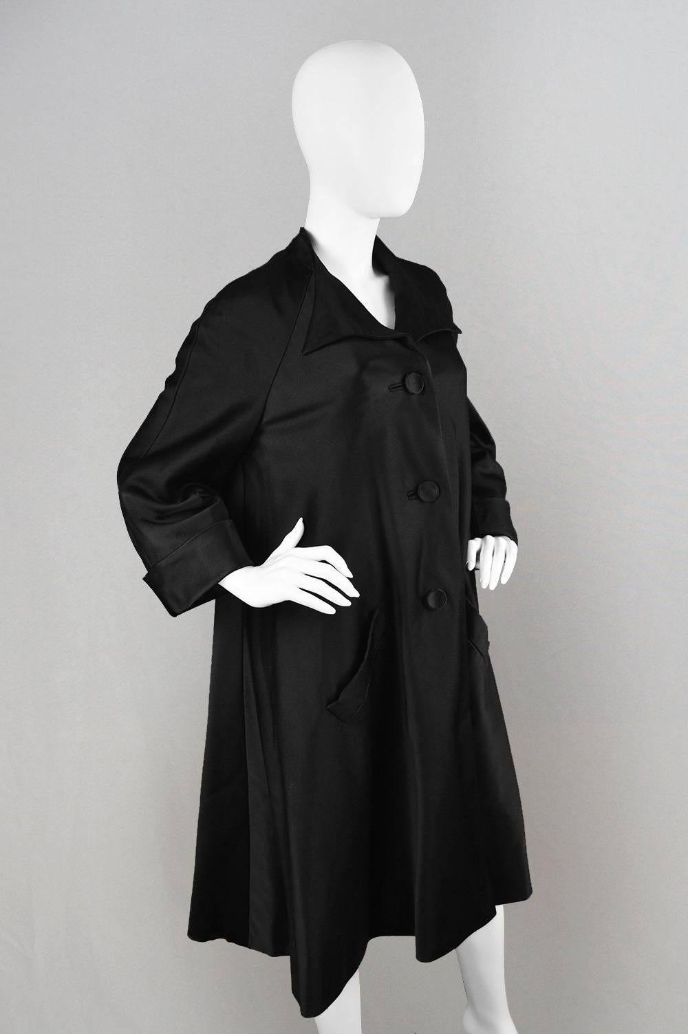 Women's 1950s Hardy Amies Couture Vintage Black Silk Satin Opera Coat