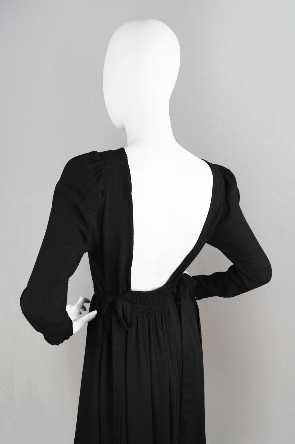Ossie Clark for Quorum 1970s Moss Crepe Backless Keyhole Black Evening Dress For Sale 2