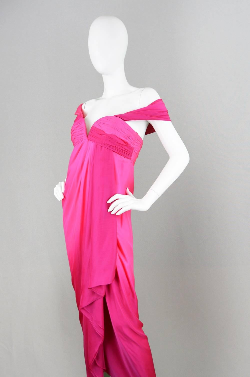Odicini Couture 1980s Fuchsia Pink Ombre Draped Silk Goddess Evening Gown In Excellent Condition In Doncaster, South Yorkshire