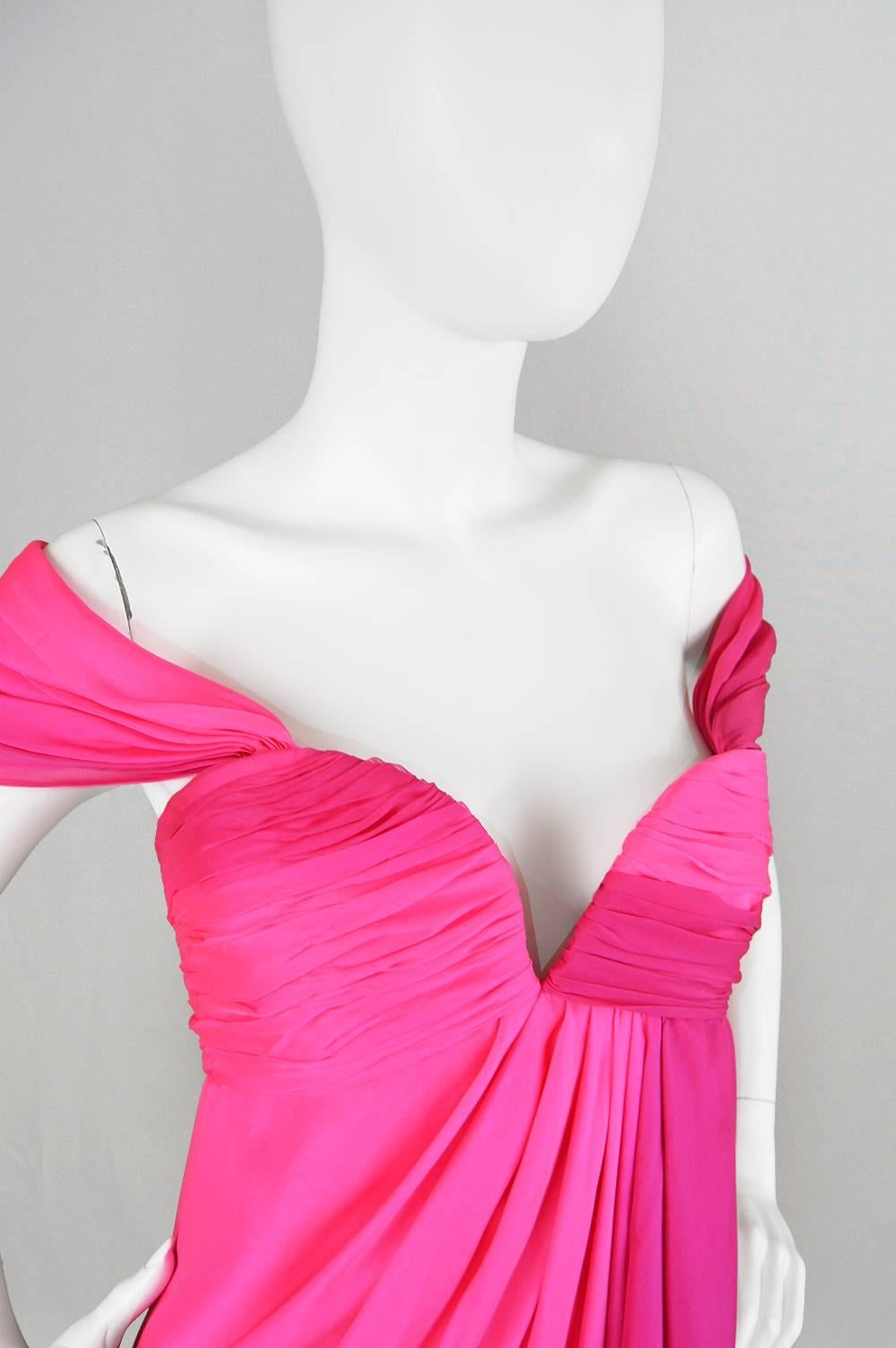 Women's Odicini Couture 1980s Fuchsia Pink Ombre Draped Silk Goddess Evening Gown