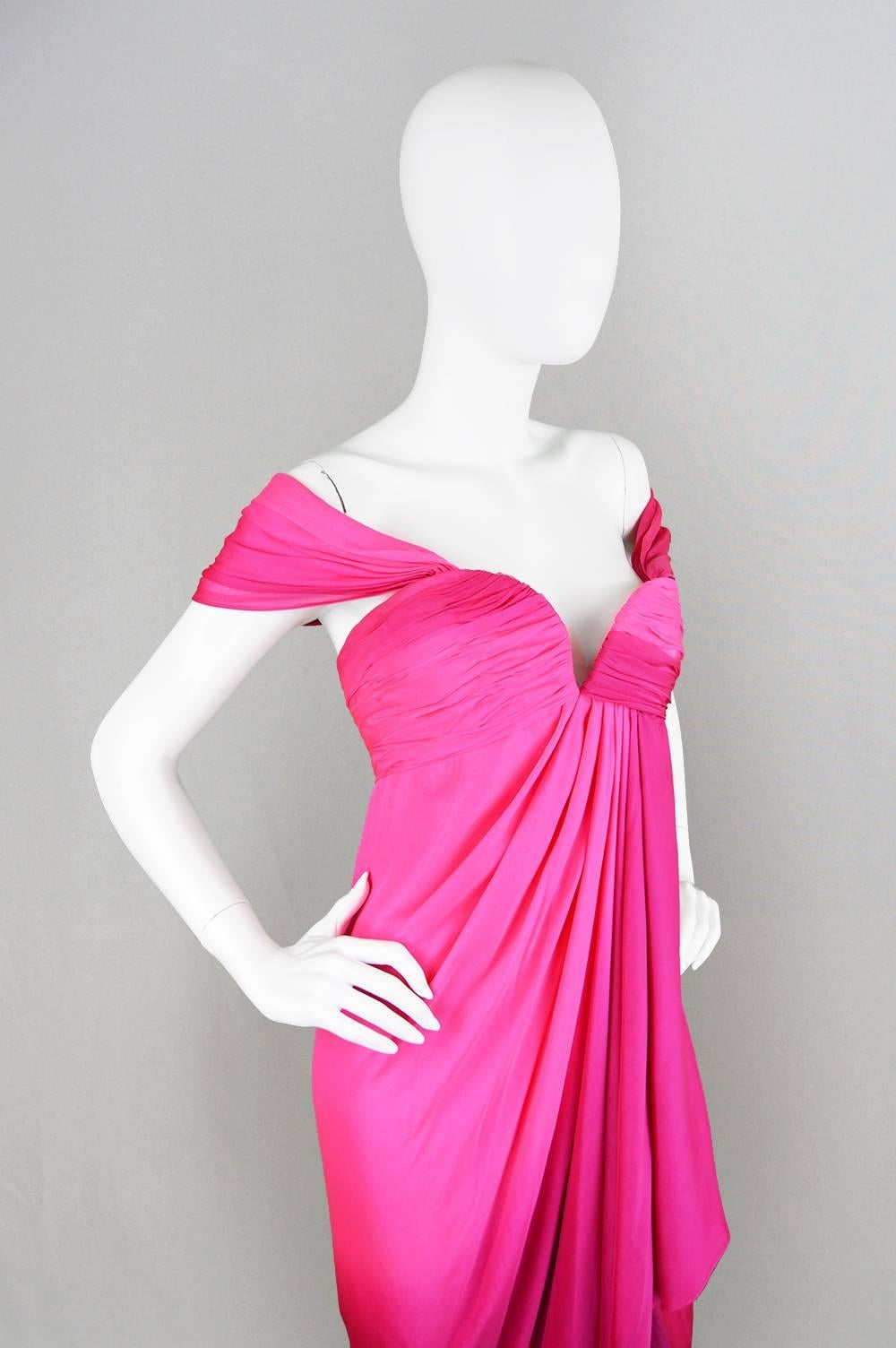 Odicini Couture 1980s Fuchsia Pink Ombre Draped Silk Goddess Evening Gown 1