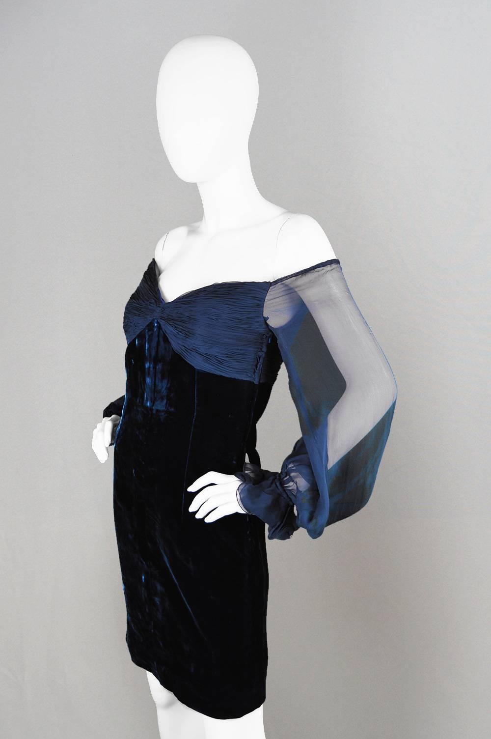 Black Valentino A/W 1991 Midnight Blue Velvet & Silk Chiffon Boutique Cocktail Dress