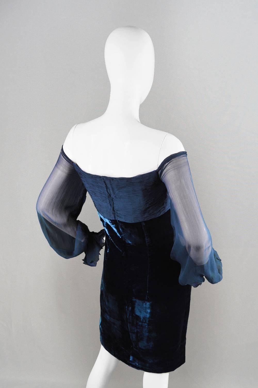Valentino A/W 1991 Midnight Blue Velvet & Silk Chiffon Boutique Cocktail Dress 2