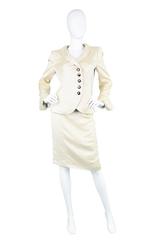 Armani Collezioni Two Piece Ivory Satin Asymmetrical Silk Blend Skirt Suit