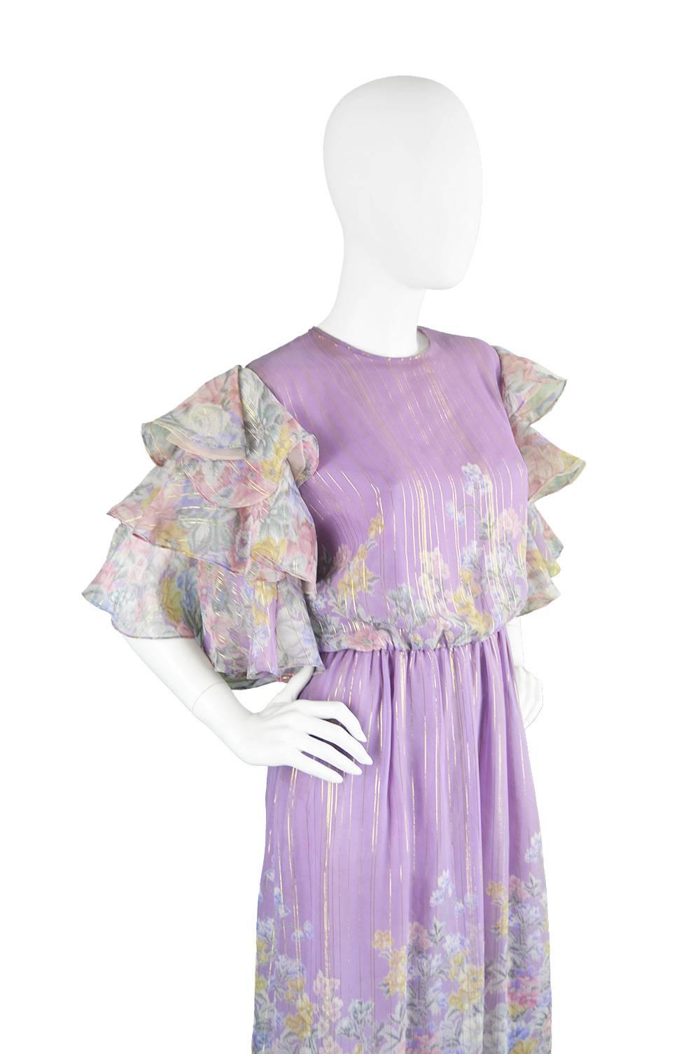 Hanae Mori Purple and Pastel Floral Printed Ruffle Sleeve Maxi Dress, 1980s  In Excellent Condition For Sale In Doncaster, South Yorkshire